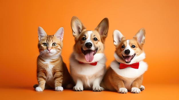 Foto gatinho e cachorrinho juntos em fundo laranja