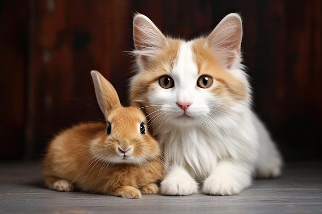 Gatinho e um coelho vermelho na relação animal de fundo escuro