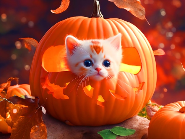 Foto gatinho em abóbora outono bonito feriados de outono halloween folhas adoráveis papel de parede hd