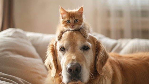 Gatinho em cima da cabeça de um golden retriever