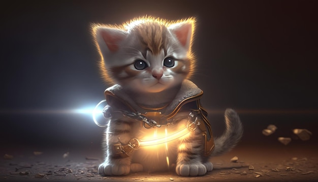 Gatinho em uma fantasia de super-herói IA geradora de luz cinematográfica