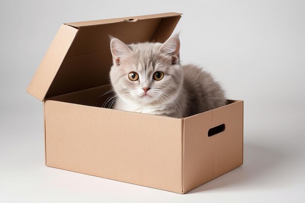 Foto gatinho engraçado cinza claro sentado em caixa marrom isolado em fundo branco