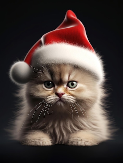 Gatinho engraçado com um chapéu de Papai Noel em um fundo escuro