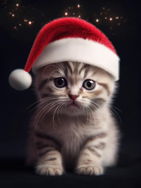 Gatinho engraçado com um chapéu de Papai Noel em um fundo escuro