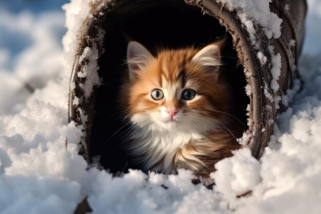 Gatinho escondido dentro de uma confortável bota de inverno com peles