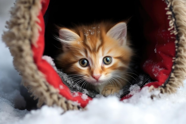 Gatinho escondido dentro de uma confortável bota de inverno com peles