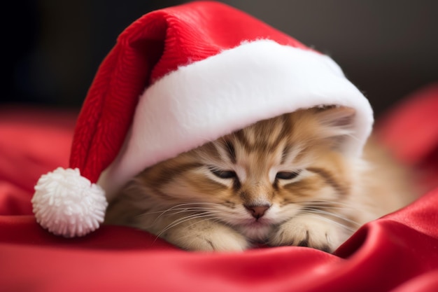 Gatinho festivo fofo usando um chapéu de Papai Noel de Natal