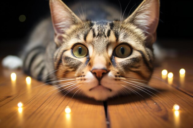 Foto gatinho fofinho deitado no chão de madeira e olhando para a câmera