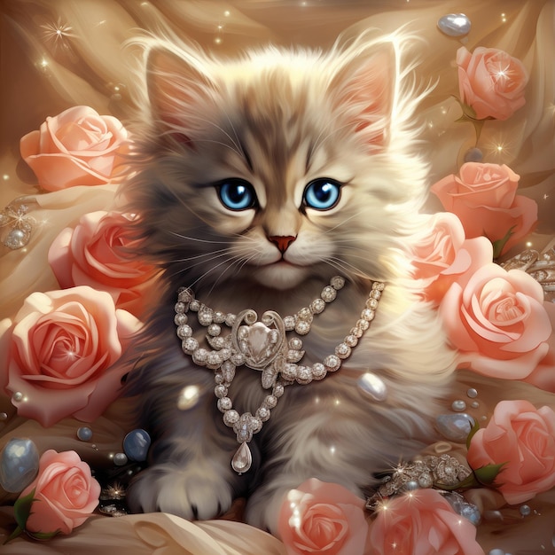 Gatinho fofinho e bonito usando um colar de pérolas ao lado de rosas rosas