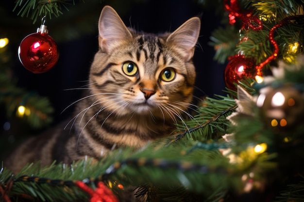 Gatinho fofinho sentado em uma árvore de Natal e olhando para a câmera