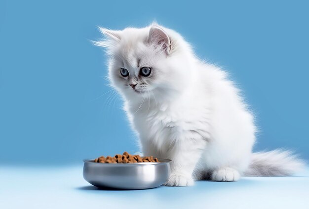 Foto gatinho fofo branco senta-se ao lado de uma tigela de comida em vista lateral de fundo azul