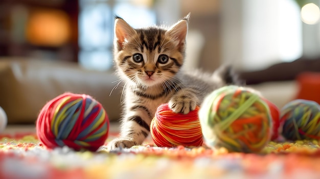 Gatinho fofo brincando com bolas de lã coloridas Conceito de amor por animais e animais de estimação Generative ai