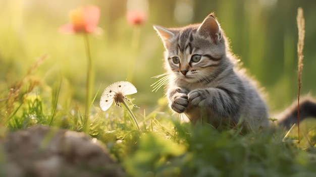 Gatinho fofo brincando livre no campo com flores e insetos ao pôr do sol Gatinhos e adoram gatos