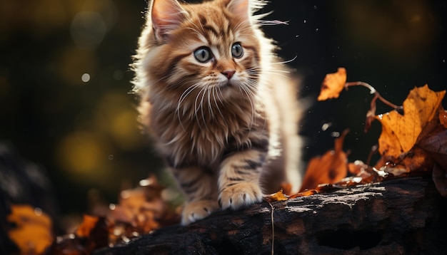 Gatinho fofo brincando na floresta de outono uma beleza peluda gerada por inteligência artificial