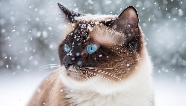 Gatinho fofo brincando na neve pelúcia olhos azuis gerados por inteligência artificial
