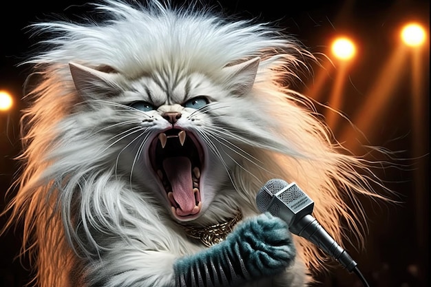 Gatinho fofo cantando glam metal no palco