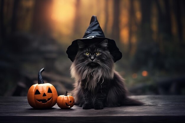 Gatinho fofo com chapéu de bruxa abóbora para o Halloween