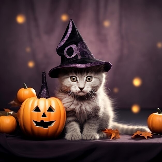 Foto gatinho fofo com chapéu de mago e abóbora de halloween em fundo escuro