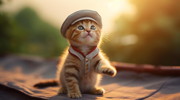 Gatinho fofo com chapéu de marinheiro ao pôr do sol