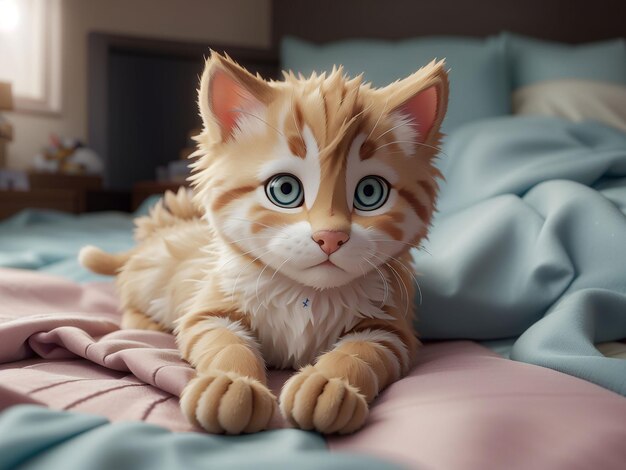 Gatinho fofo deitado na cama aproveitando o descanso