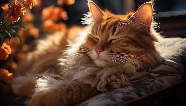 Gatinho fofo dormindo à luz do sol cercado pela beleza do outono gerada pela inteligência artificial