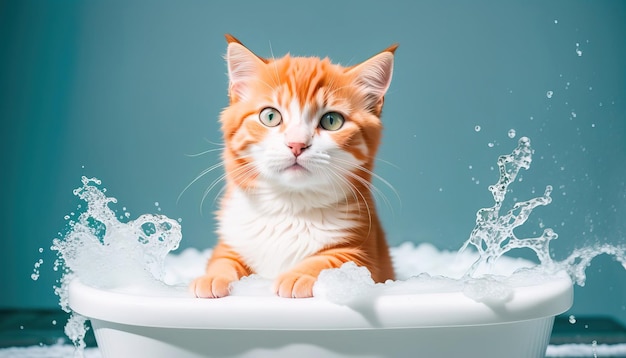 Gatinho fofo em um banho com espuma Generative AI