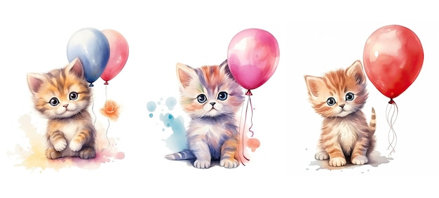 Gatinho fofo engraçado com aquarela de balão de ar gerado por ai, personagem de gatinho, design feliz, impressão de cartão gatinho fofo engraçado com ilustração de aquarela de balão de ar