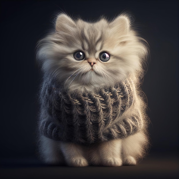 Gatinho fofo no suéter sentado Gato pequeno no suéter cinza assistindo ilustração generativa de IA