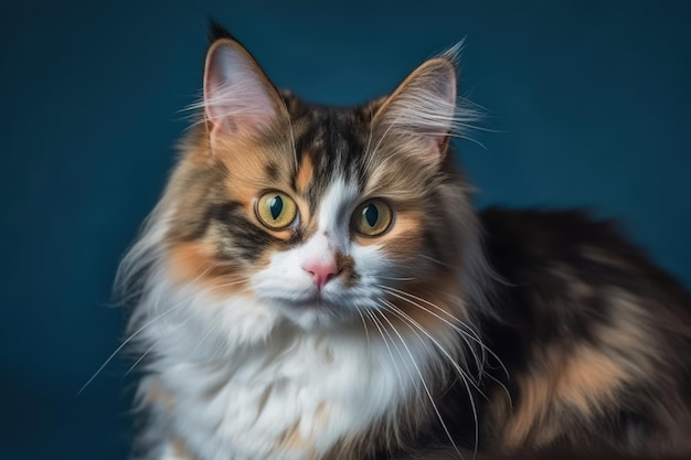 Gatinho fofo olhando para a câmera no fundo azul, vista frontal, bonito, jovem, cabelo longo, chita ou torbie c