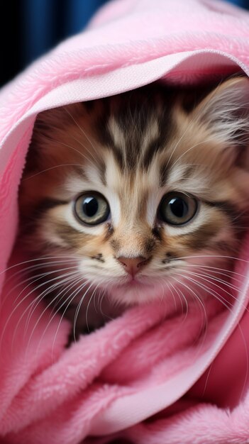 Foto gatinho fofo pós-banho enrolado em uma toalha rosa olhos azuis papel de parede vertical para celular