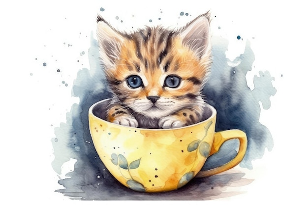 Gatinho fofo sentado dentro de uma xícara de chá pintada com aquarelas Generative AI