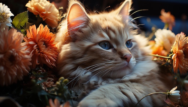 Gatinho fofo sentado na grama brincalhão cercado por lindas flores geradas por inteligência artificial