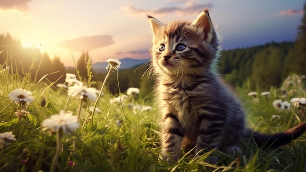 gatinho fofo sentado na grama olhando para a linda
