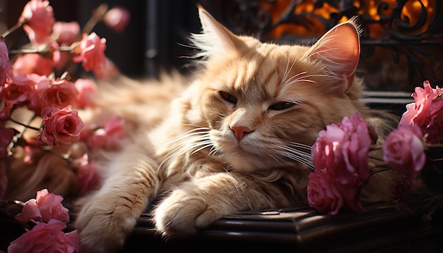 Gatinho fofo sentado na mesa olhando para a câmera na natureza gerada pela inteligência artificial