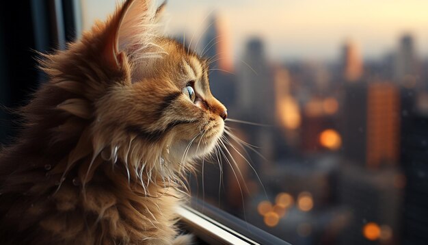 Gatinho fofo sentado perto da janela apreciando a beleza do pôr do sol gerada pela inteligência artificial