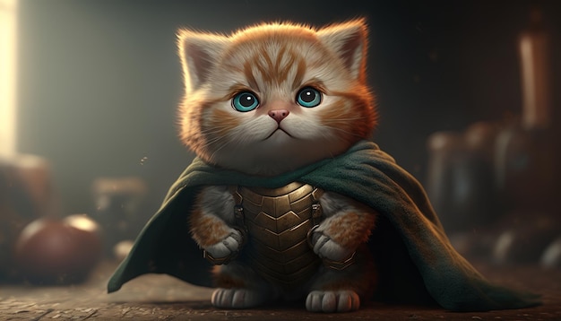 Gatinho fofo Super Herói arte fantasia cinemática luz generativa IA