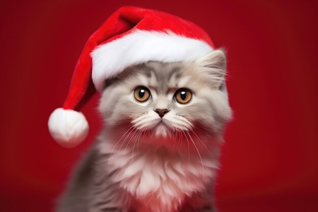 gatinho fofo usando chapéu de Papai Noel em fundo vermelho com espaço de cópia gerado por IA