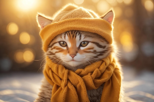 Gatinho fofo usando lenço e chapéu quentinho ai generativo