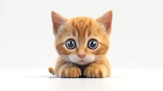 Gatinho lindo laranja com grandes olhos azuis olhando para a câmera com uma expressão curiosa em seu rosto