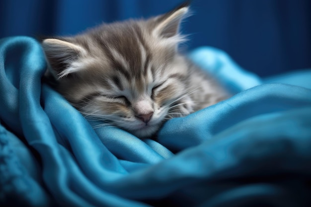 Gatinho listrado a dormir num cobertor de cor azul