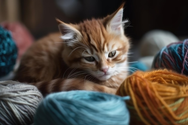 Gatinho listrado está dormindo em bolas de fios generative ai