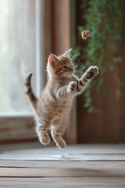 Gatinho malhado brincalhão pulando para pegar bolas de brinquedo coloridas