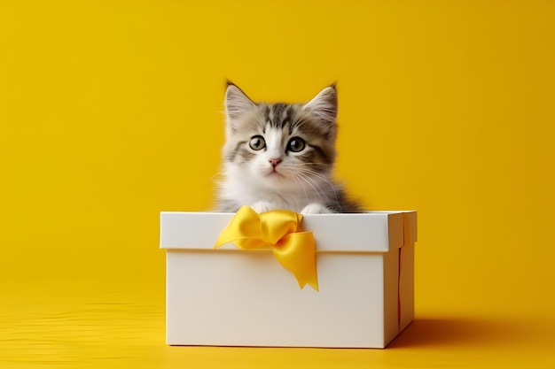 gatinho malhado cinza senta-se em um fundo amarelo com uma caixa de presente com um arco surpresa gerado por IA