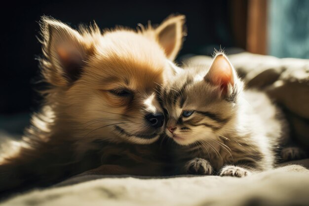 Gatinho minúsculo e cachorrinho descansam pacificamente IA generativa