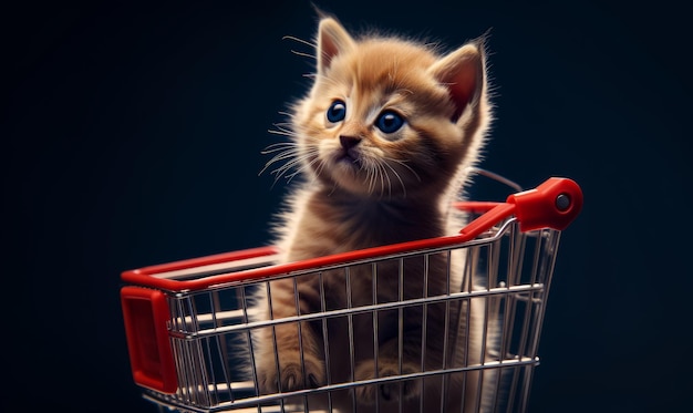 Gatinho na cesta da loja Gato fofo e engraçado no carrinho de compras IA generativa