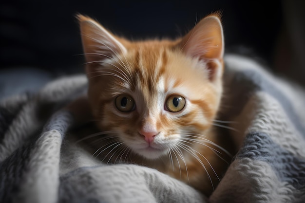 Gatinho pequeno aconchegado dentro de um cobertor