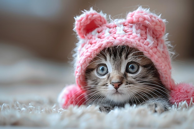 Gatinho pequeno usando chapéu de tricô rosa