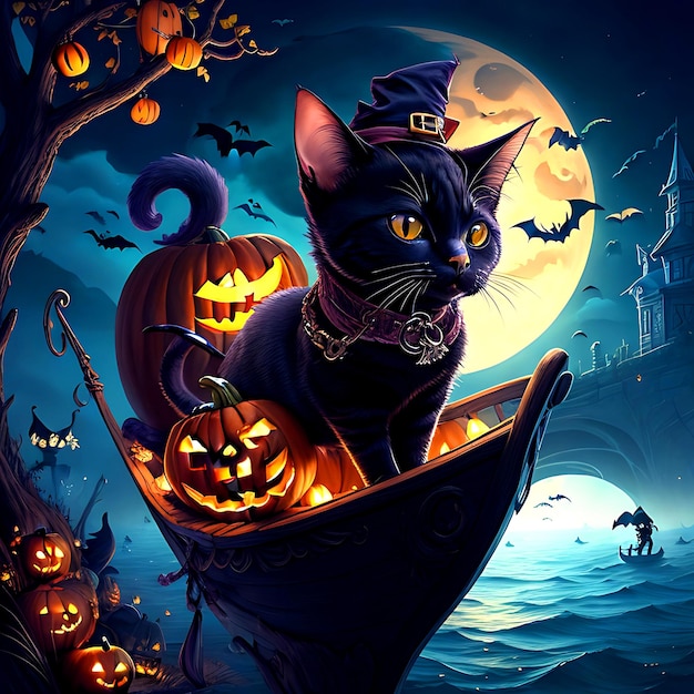 Gatinho preto bonito Halloween Ai Generative