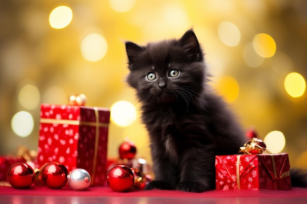 gatinho preto fofo com caixas de presente de Natal em um fundo bokeh