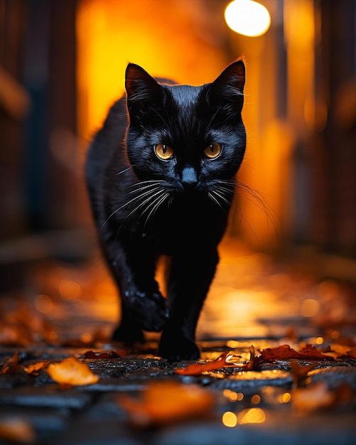 gatinho preto gatinho andando na calçada beco brilhando brasas douradas olhar intenso estranho correndo em direção